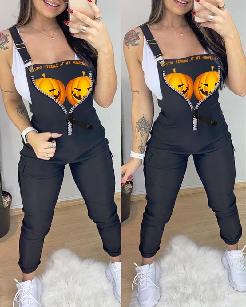 Halloween Pumpkin Print Suspender Jumpsuit