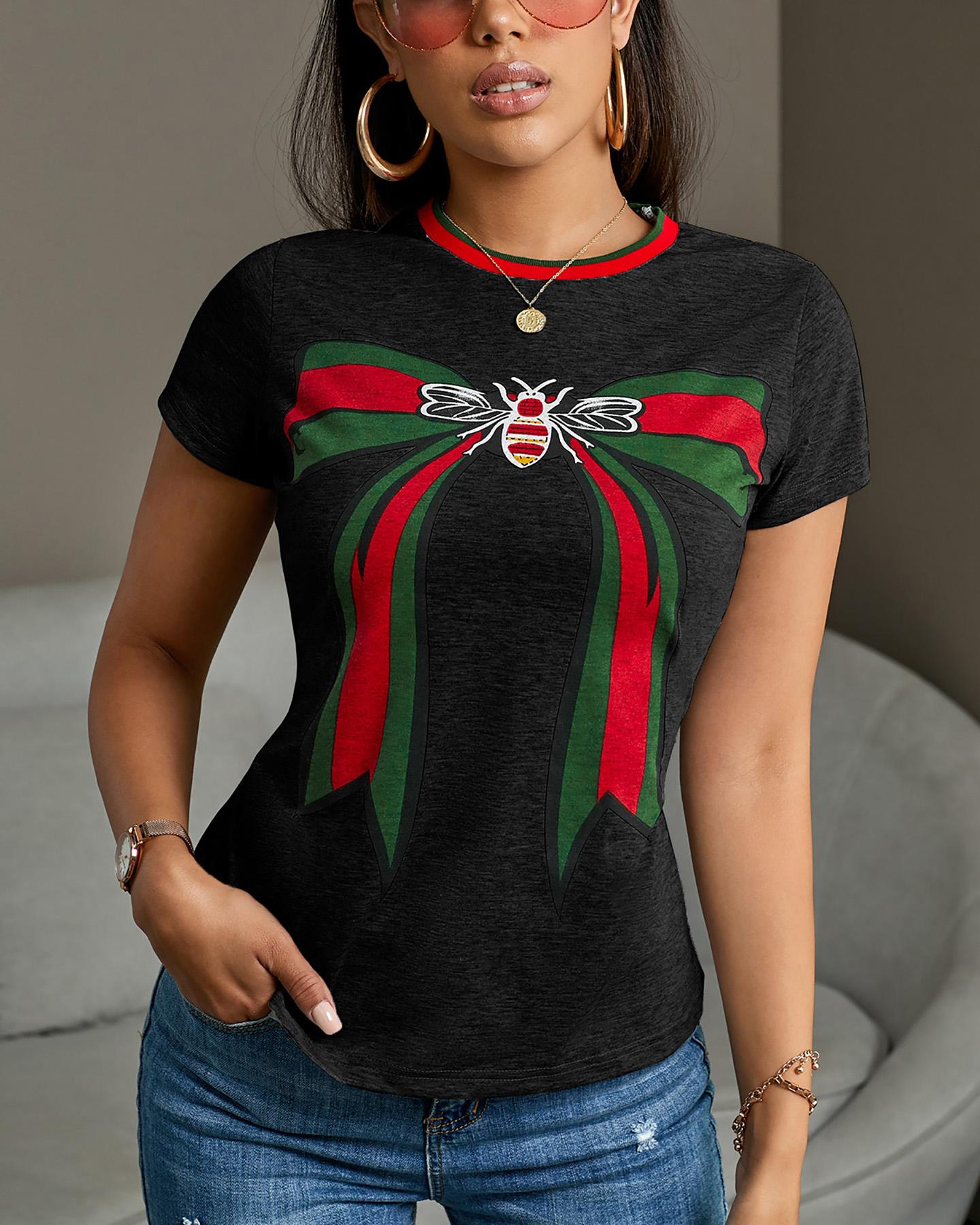 Bee Bowknot Print Short Sleeve T-shirt
