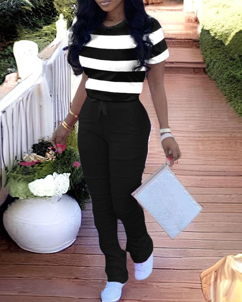 Striped Colorblock Top & Drawstring Ruched Pants Set