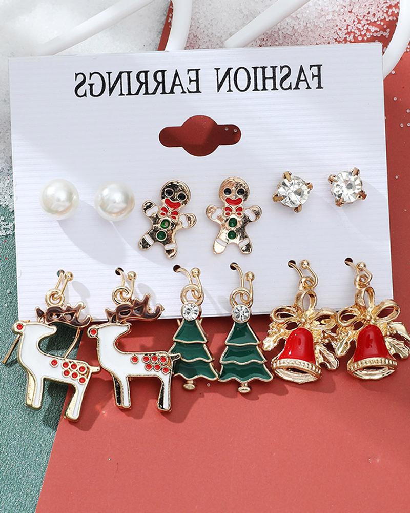 Christmas Tree Elk Jingle Bell Snowflake Shaped Drop Stud Earrings Set