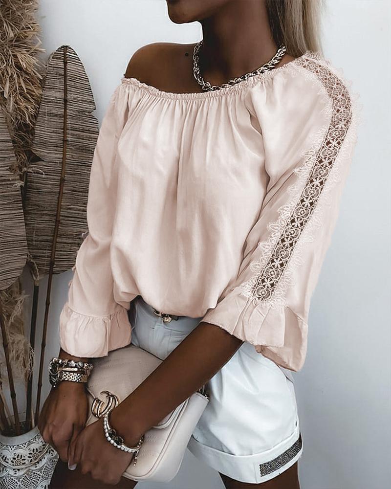 Contrast Guipure Lace Flounce Sleeve Off Shoulder Top