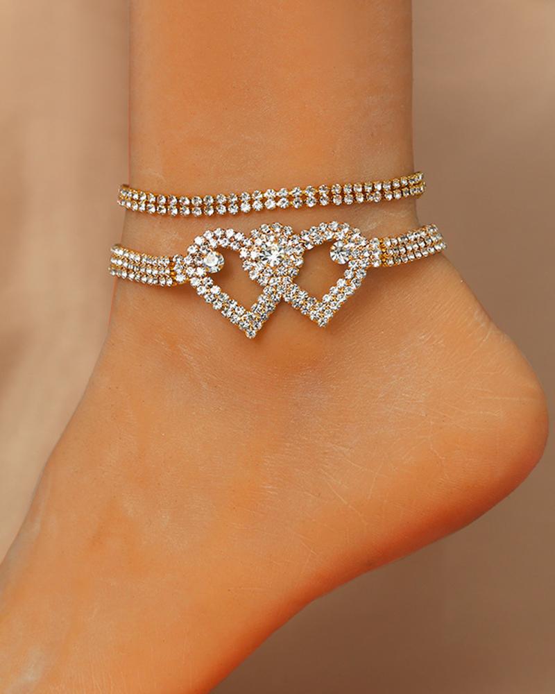 2PCS/Set Rhinestone Double Heart Stackable Anklets