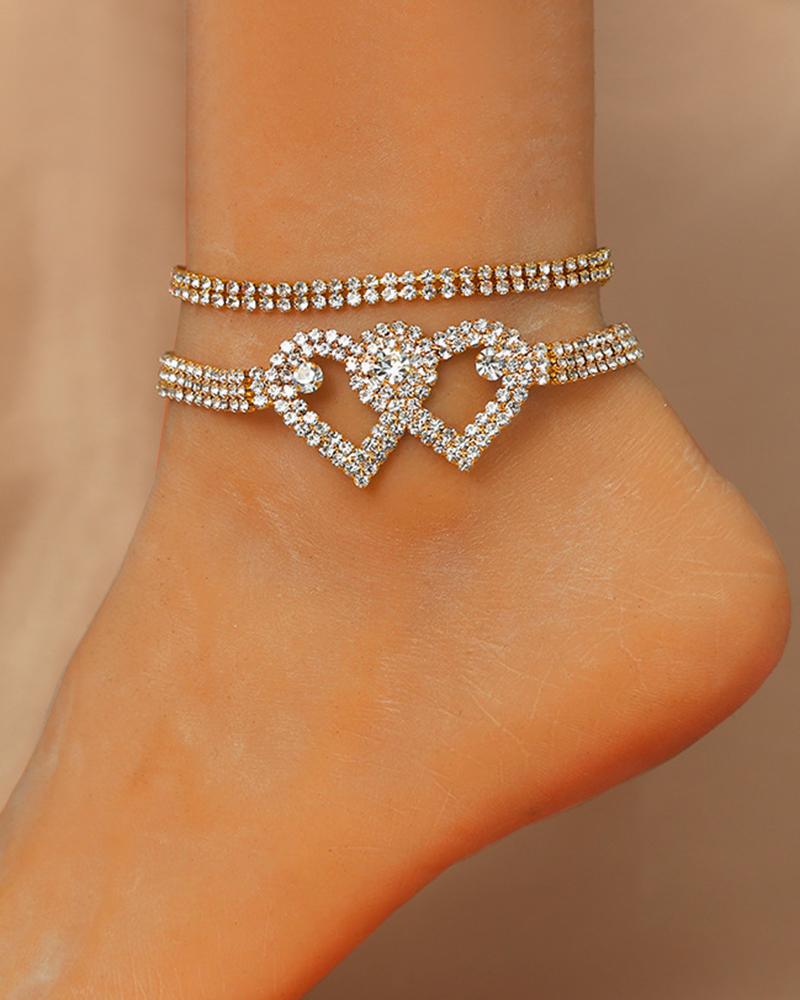  2PCS/Set Rhinestone Double Heart Stackable Anklets