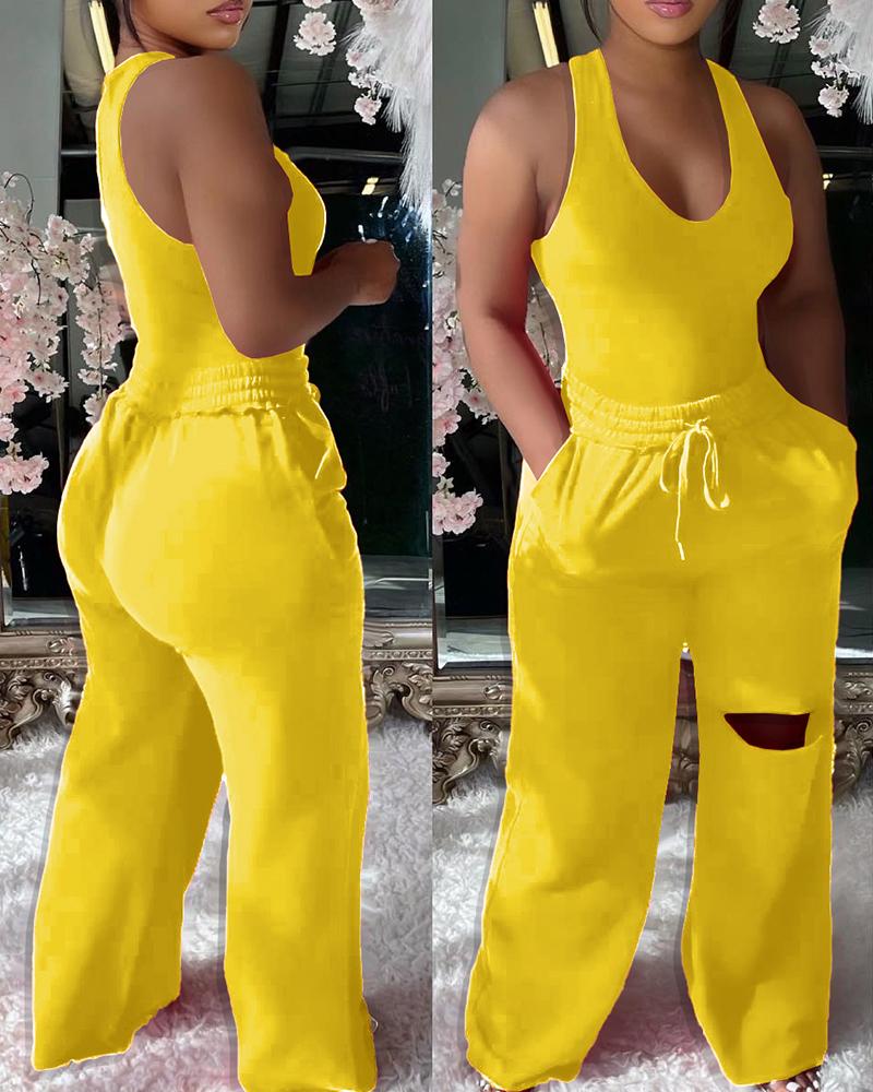 U-Neck Bodysuit & Drawstring Cutout Wide Leg Pants Set