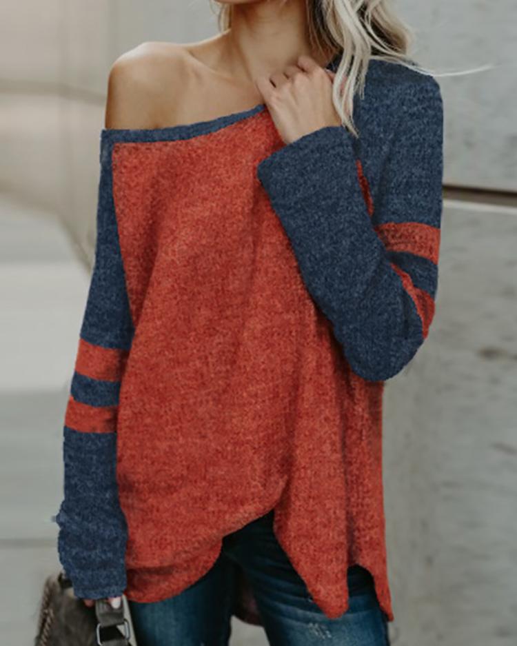 Slash Neck Striped Print Colorblock Casual Top