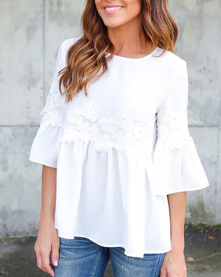 Flare Sleeve Lace Trim Loose Blouse