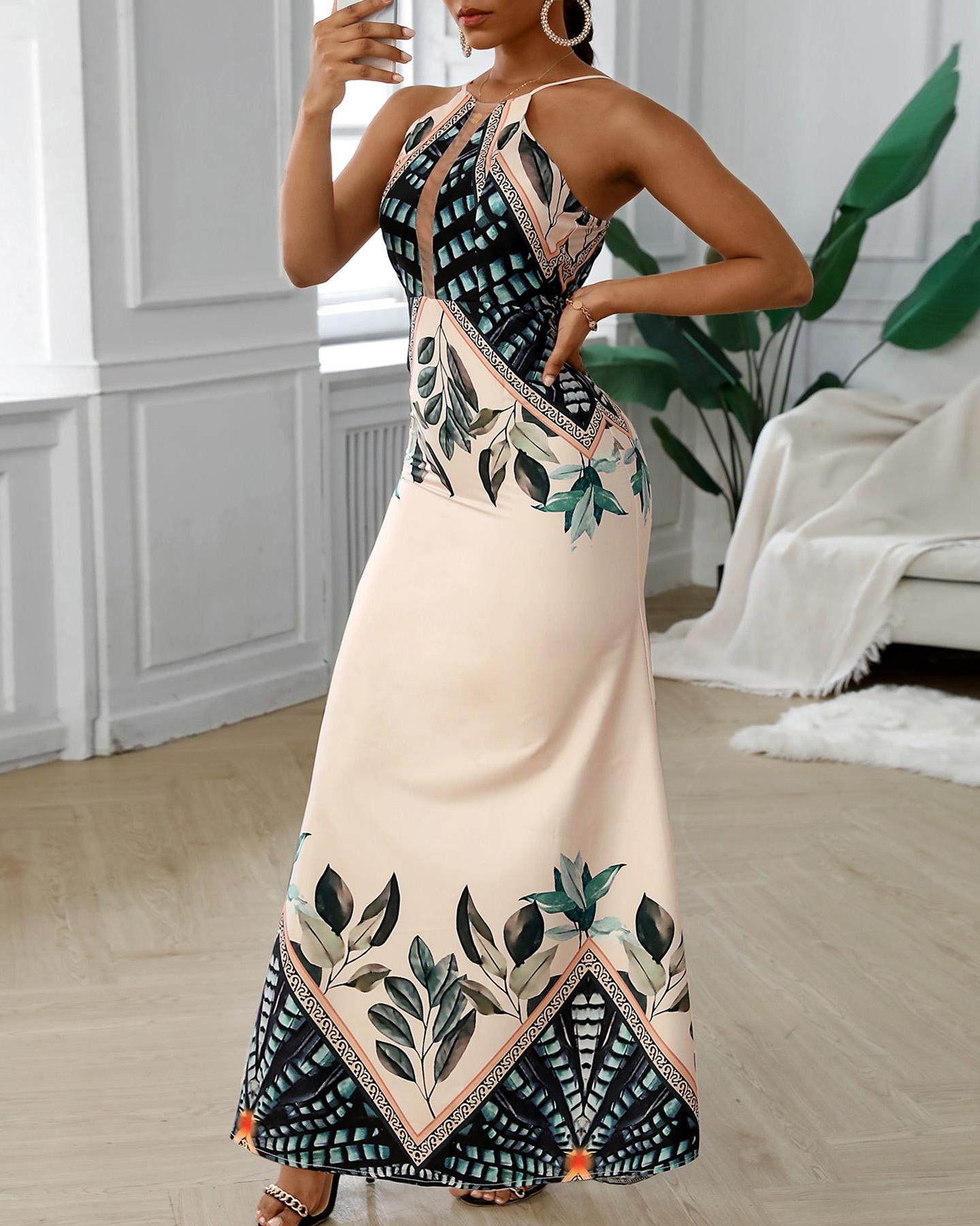 Tropical Print Spaghetti Strap Maxi Dress