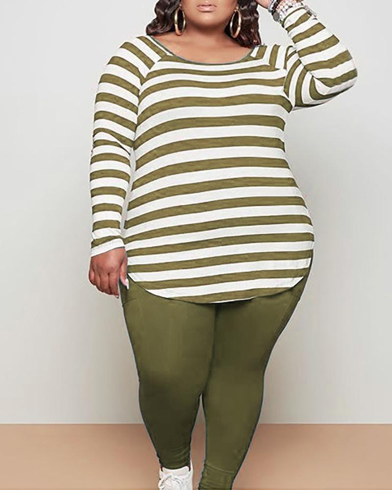 Plus Size Long Sleeve Striped Top & High Waist Pants Set