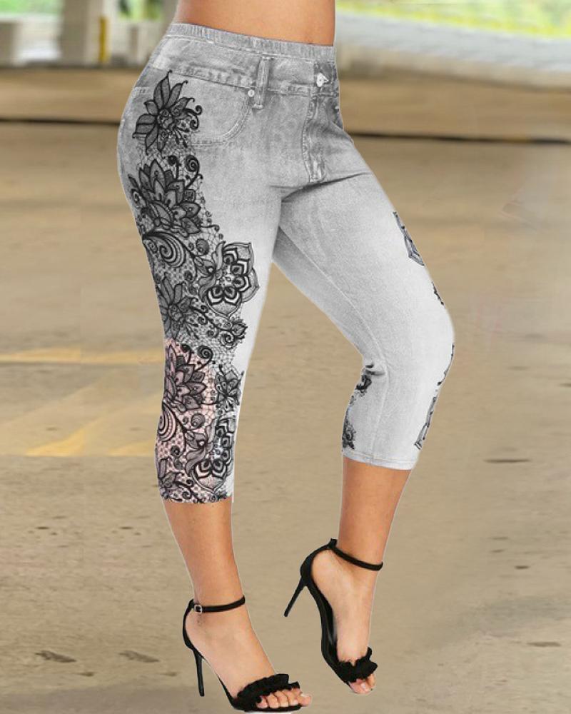 Floral Denim Look Print Butt Lifting Sports Leggings