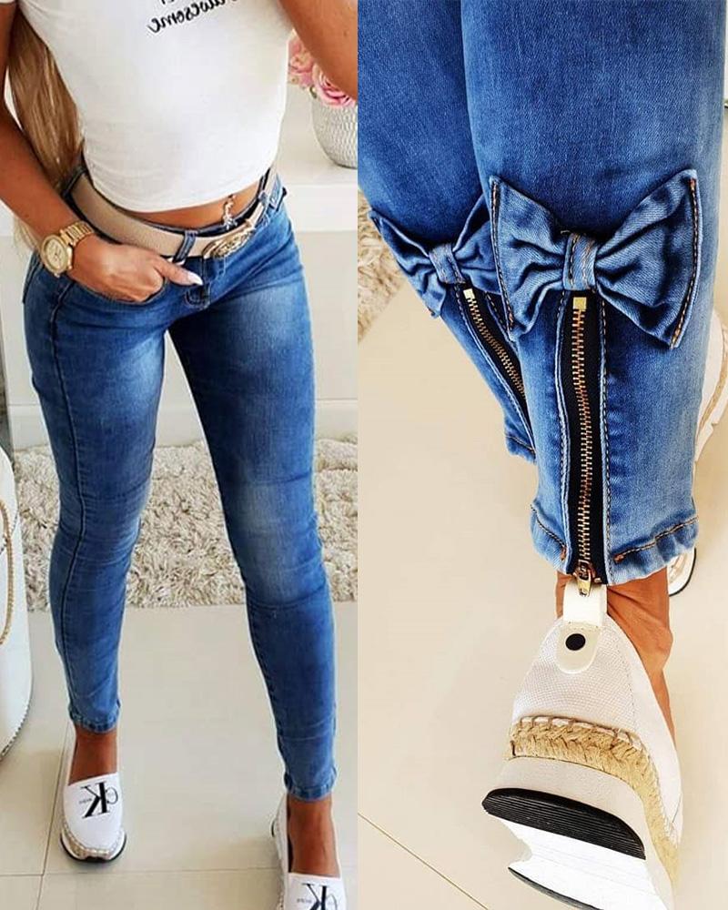   ChicMe Slant Pocket Bowknot Zipper Skinny Jeans