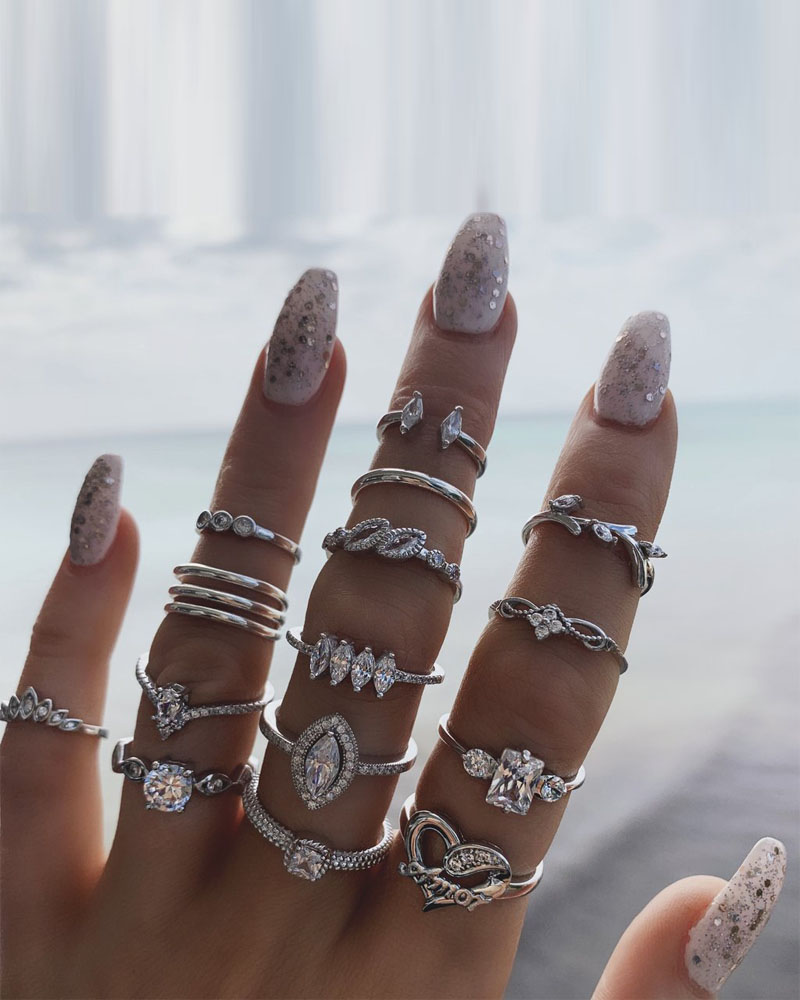 15pcs Rhinestone Decor Geometric Pattern Boho Rings Set