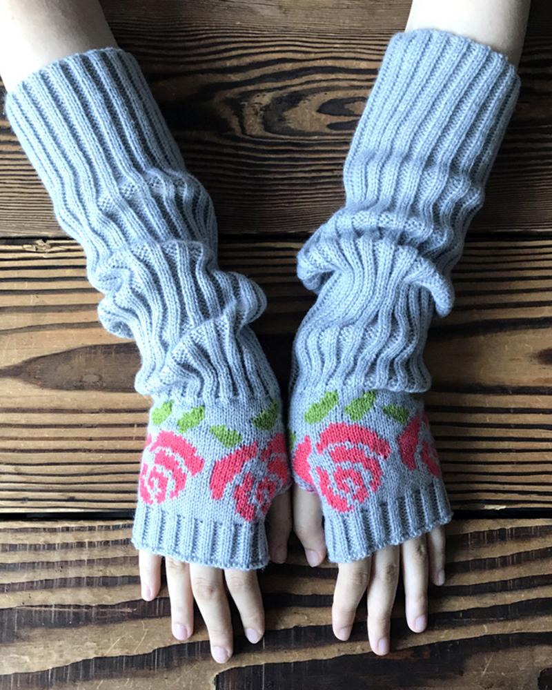 1Pair Floral Pattern Knit Fingerless Thumbhole Arm Warmers Gloves