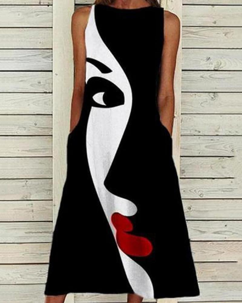 Figure Print Pocket Design Casual Dress