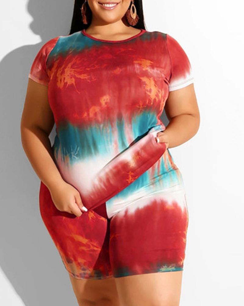 Plus Size Tie Dye Print Casual Top & Shorts Set