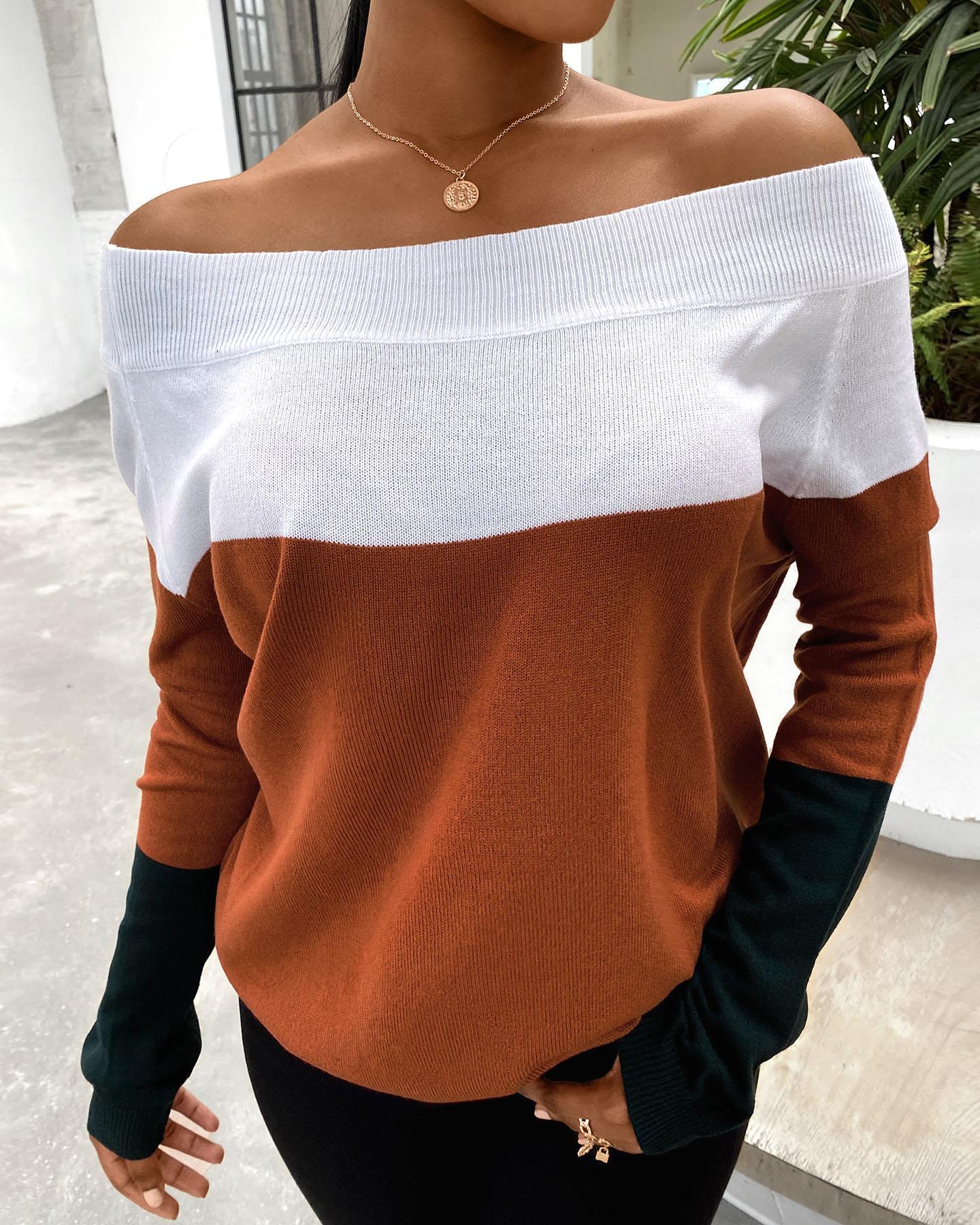 Off Shoulder Colorblock Long Sleeve Knit Sweater
