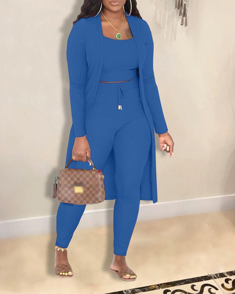 3PCS Ribbed Cami Top & Pants Set With Longline Coat