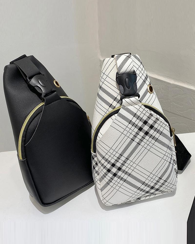Graphic Plaid Print Zipper Design Shoulder Bag