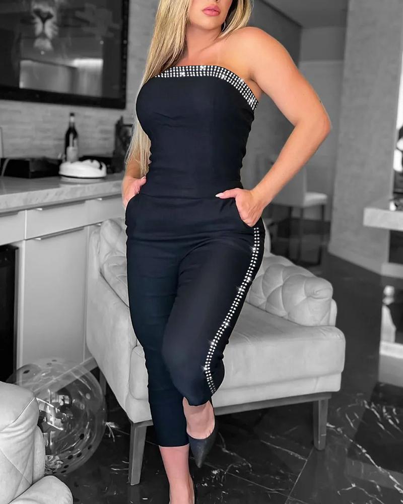 Rhinestone Decor Strapless Bandeau Jumpsuit