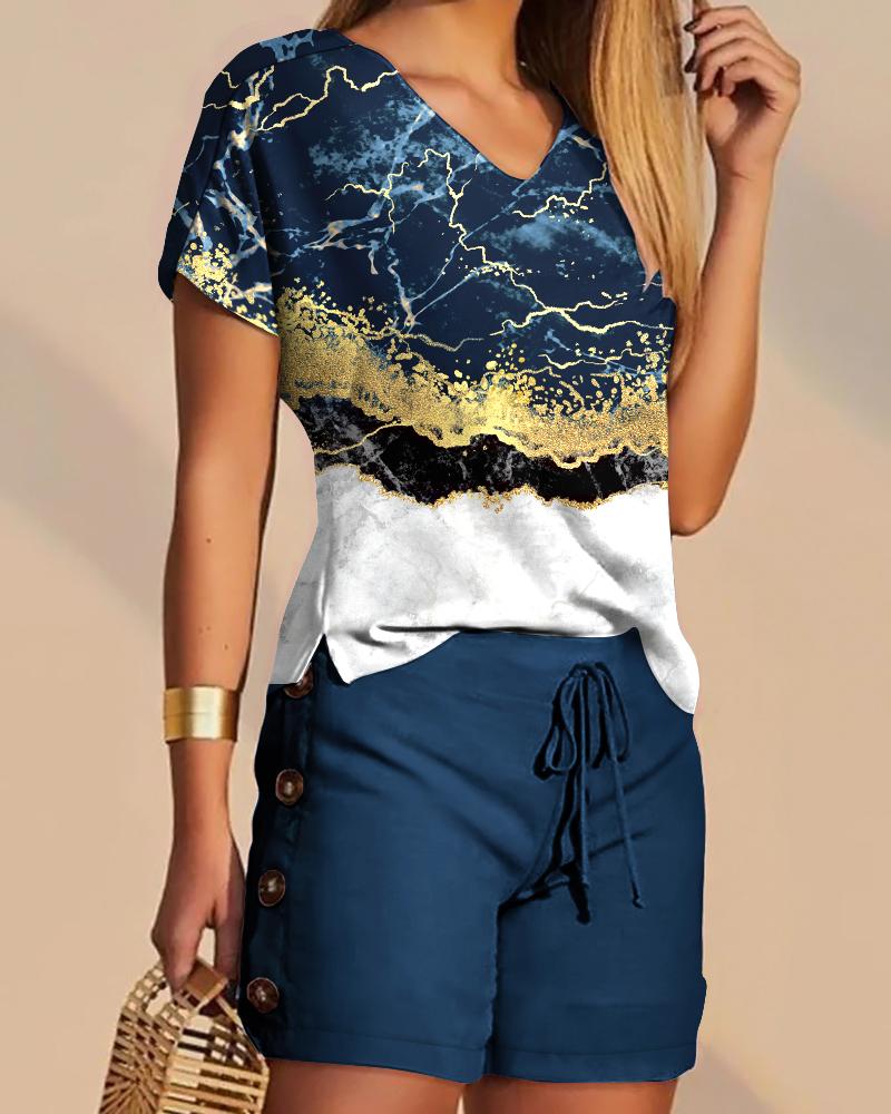 Marble Print Colorblock Top & Drawstring Shorts Set