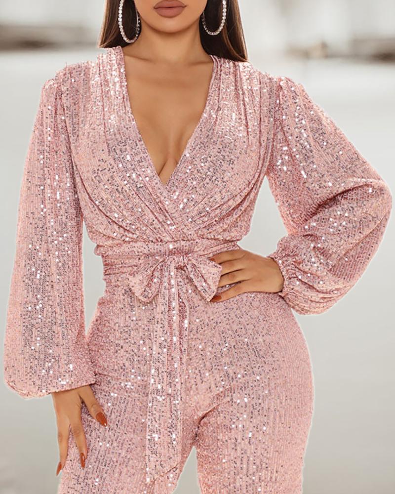 Lantern Sleeve Zipper Back Plunge Sequins Jumpsuit