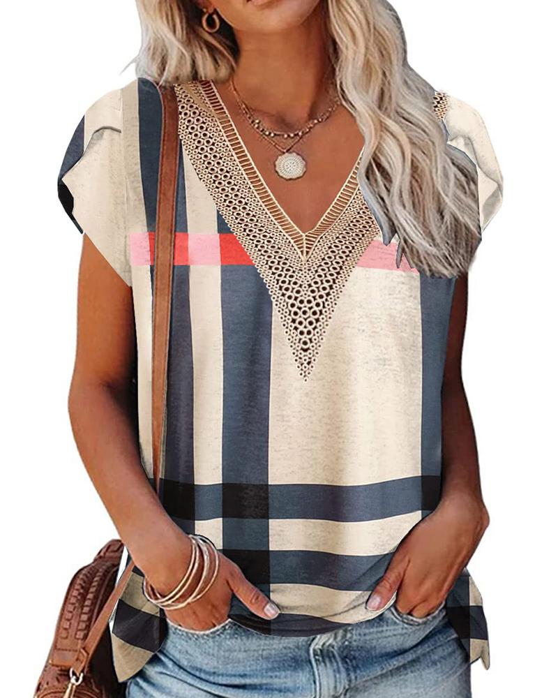 T-shirt & Tees Plaid Print Cap Sleeve Contrast Lace Top