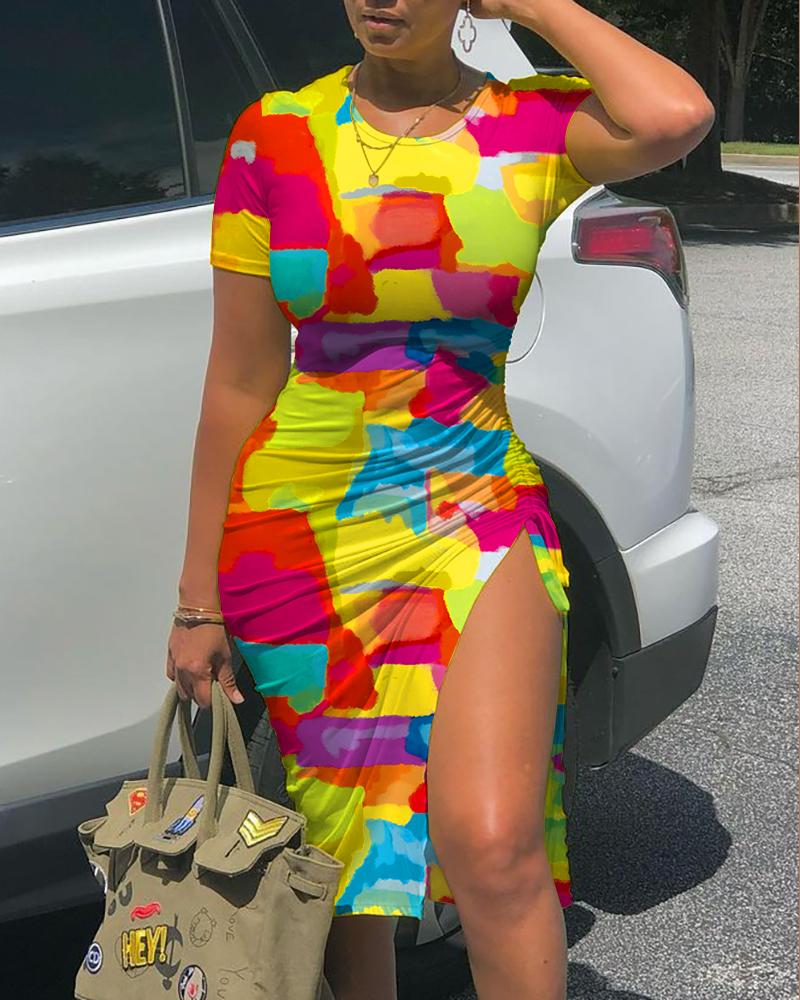 Melting Colors All Over Print Drawstring Slit Dress