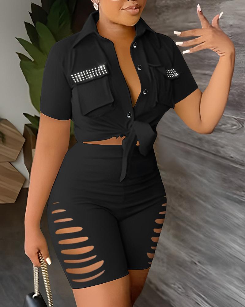 Rhinestone Pocket Design Crop Top & Ladder Cutout Shorts Set