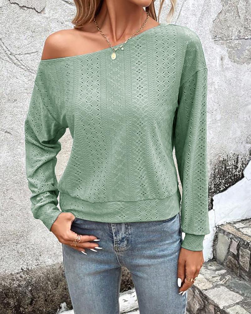 Skew Neck Eyelet Embroidery Casual Top