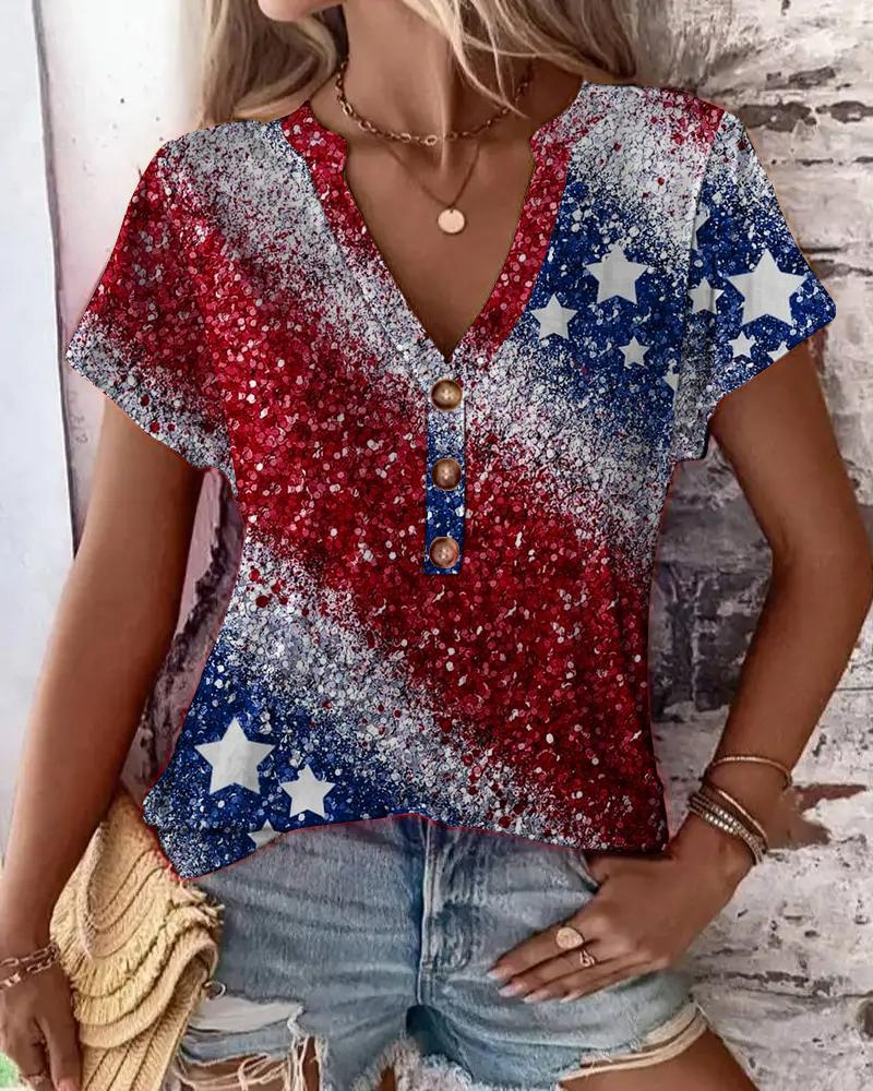 Independence Day Flag Print Buttoned T-shirt