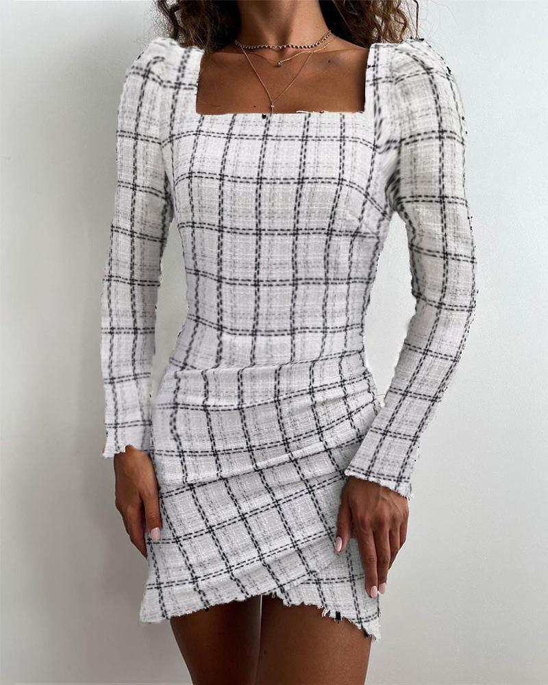 Plaid Print Raw Hem Ruched Dress