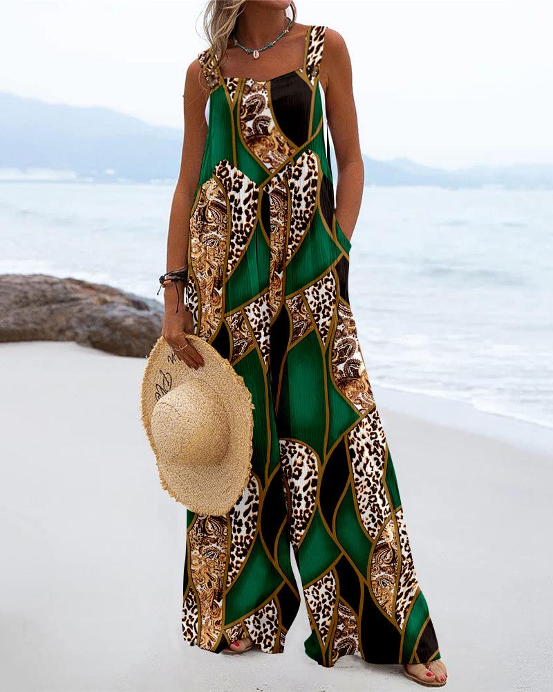 Baroque Leopard Print Wide Leg Suspender Jumpsuit