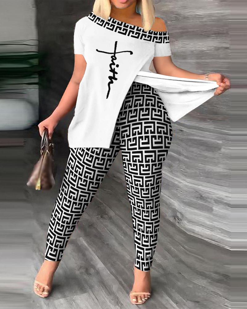 Plus Size Faith Geometric Print Split Hem Top & Pants Set