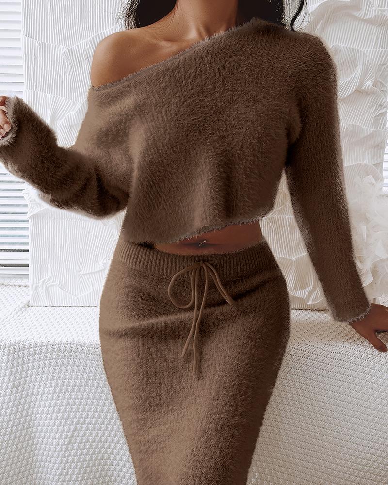 Skew Neck Fuzzy Knit Sweater & Skirt Set