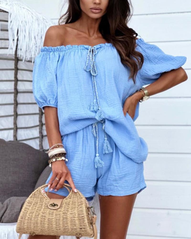 Off Shoulder Top & Frill Hem Shorts Set