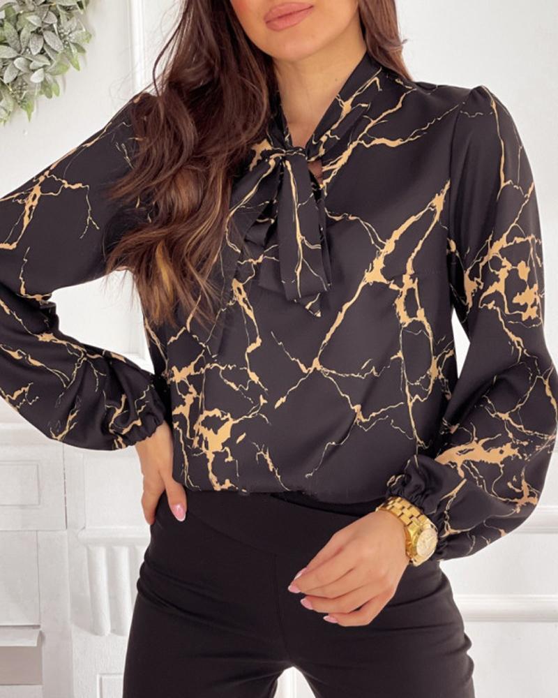 Marble Print Long Sleeve Tie Neck Top