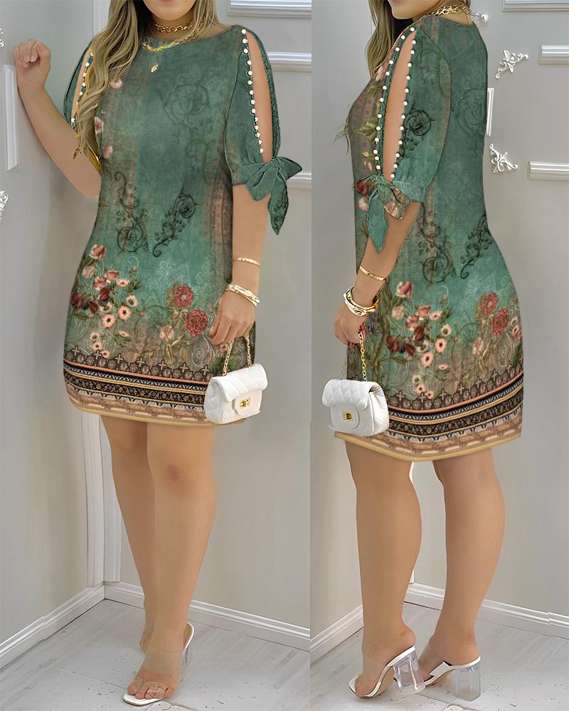 Floral Tribal Print Split Sleeve Pearls Decor Casual Dress