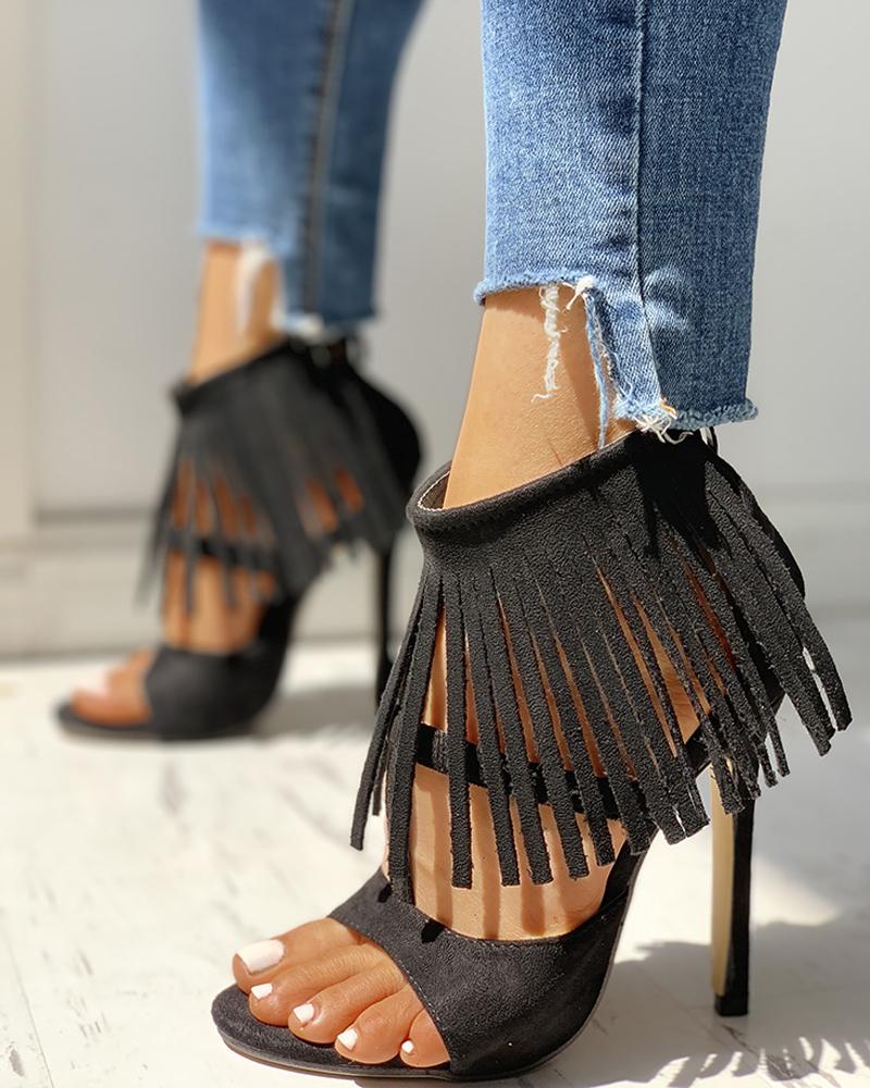 Heeled-Sandals  ChicMe Solid Tassels Cut Out Thin Heeled Sandals