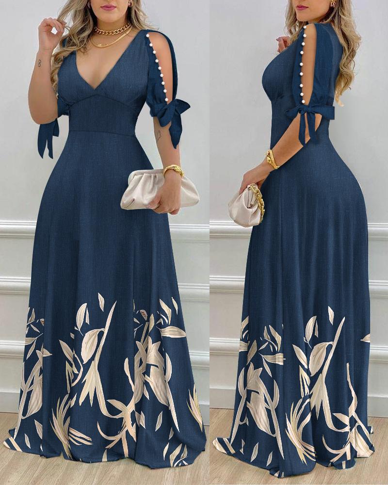 Plants Prit Split Sleeve Pearls Decor Maxi Dress