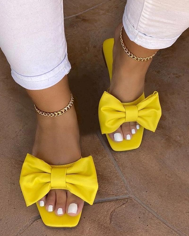 Bowknot Decor Square Toe Flat Slippers