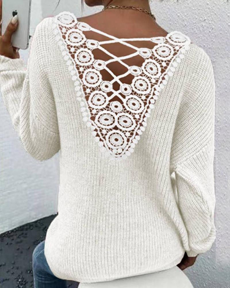 V-Neck Contrast Lace Criss Cross Knit Sweater