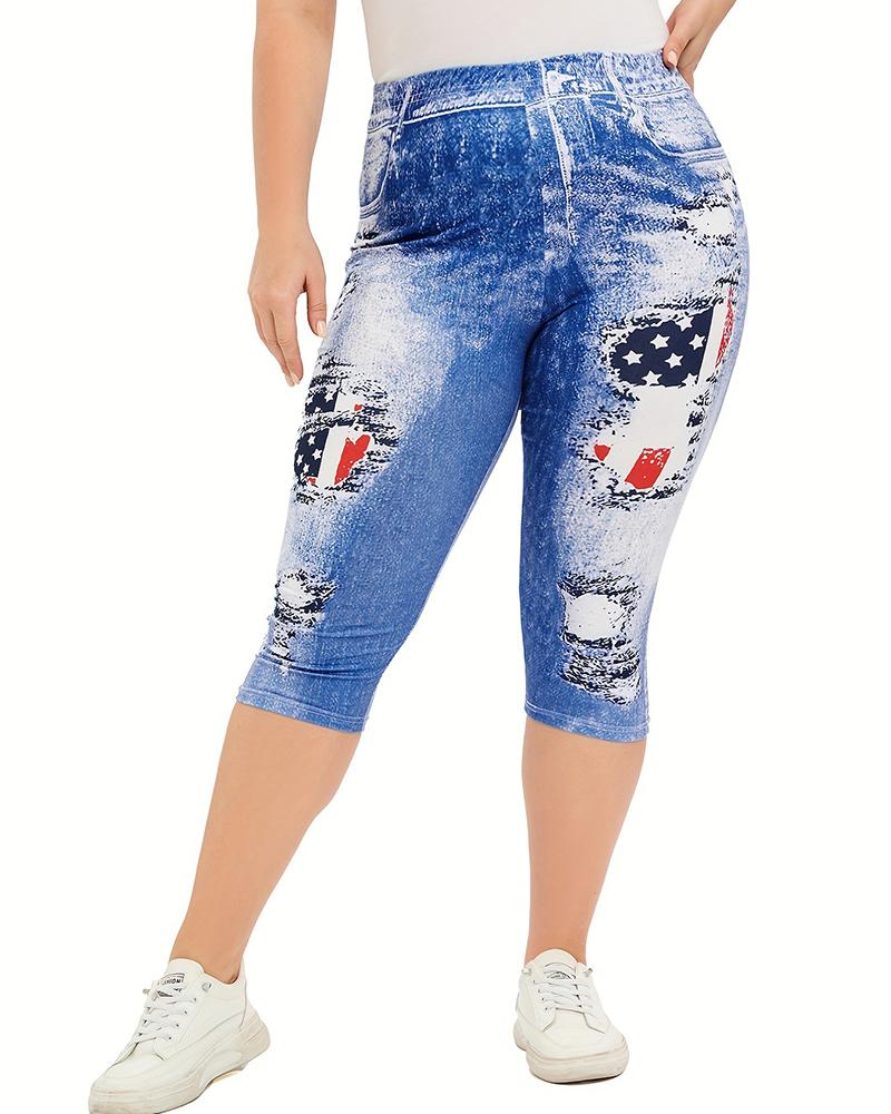 Plus Size Denim Look Flag Print Capris Pants