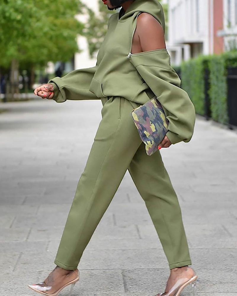 Pocket Design Hooded Sweatshirt & High Waist Pants Set