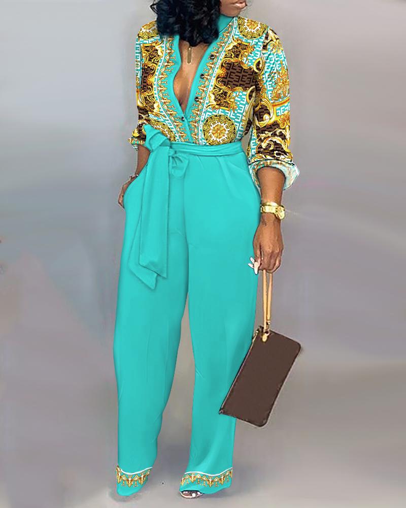 Baroque Geo Print Long Sleeve Belted Jumpsuit