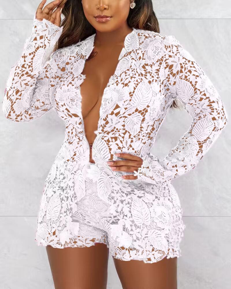 Long Sleeve Guipure Lace Top & Shorts Set