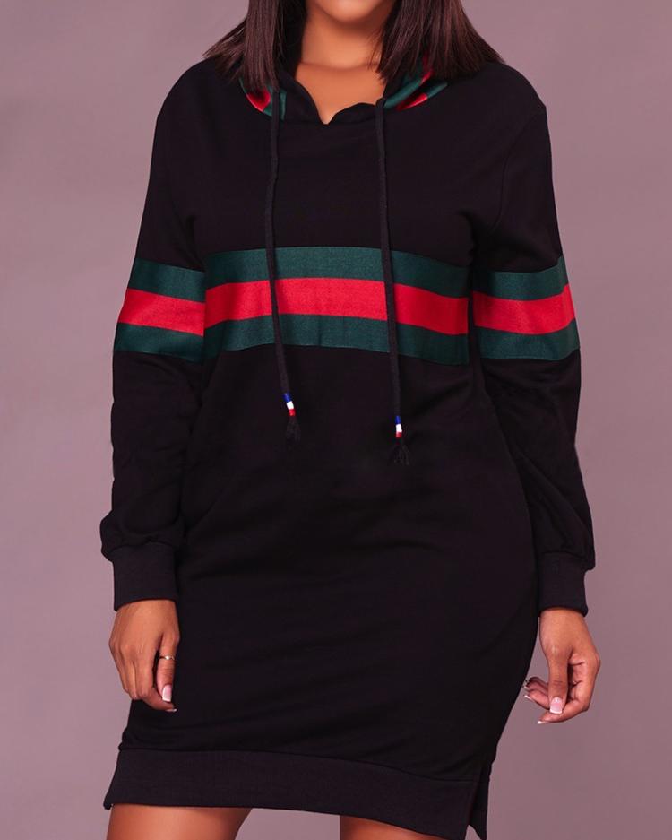 Contrast Wide Stripes Slit Hooded Sweatshirt Dress