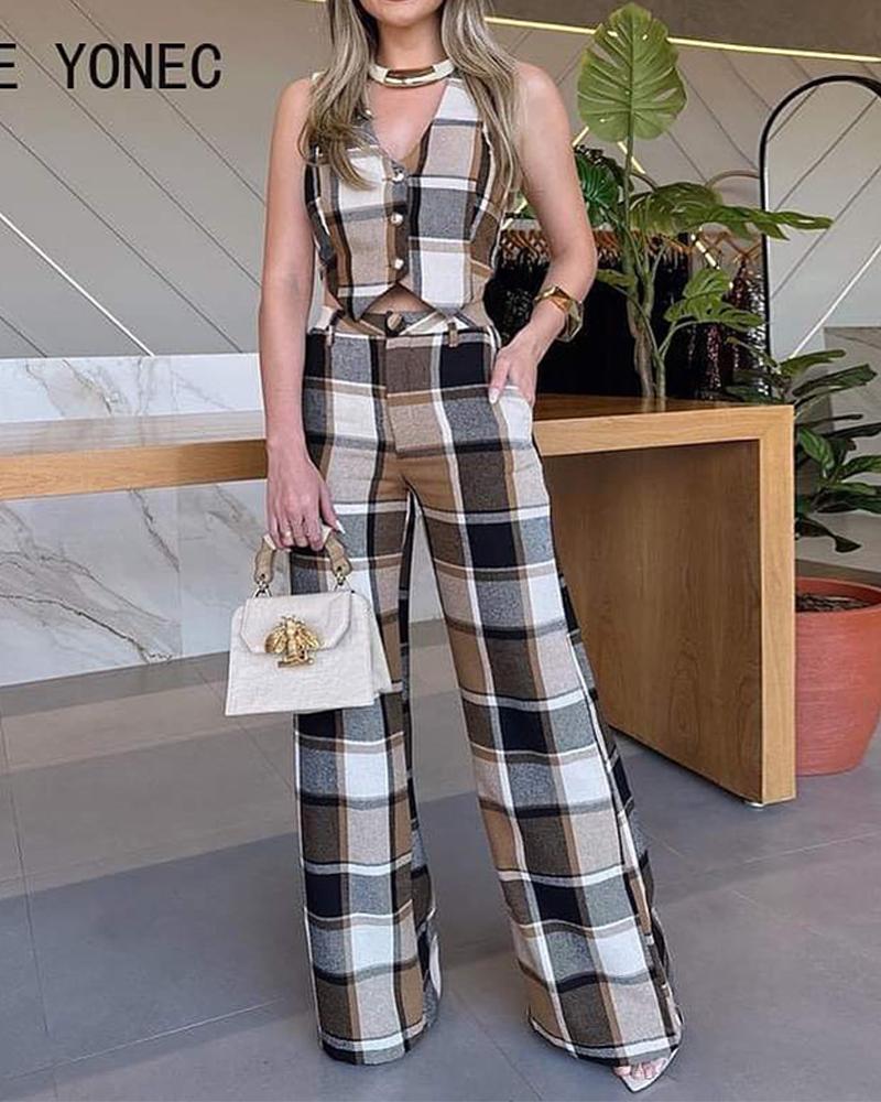 Plaid Print Keyhole Neck Asymmetrical Crop Top & Pants Set