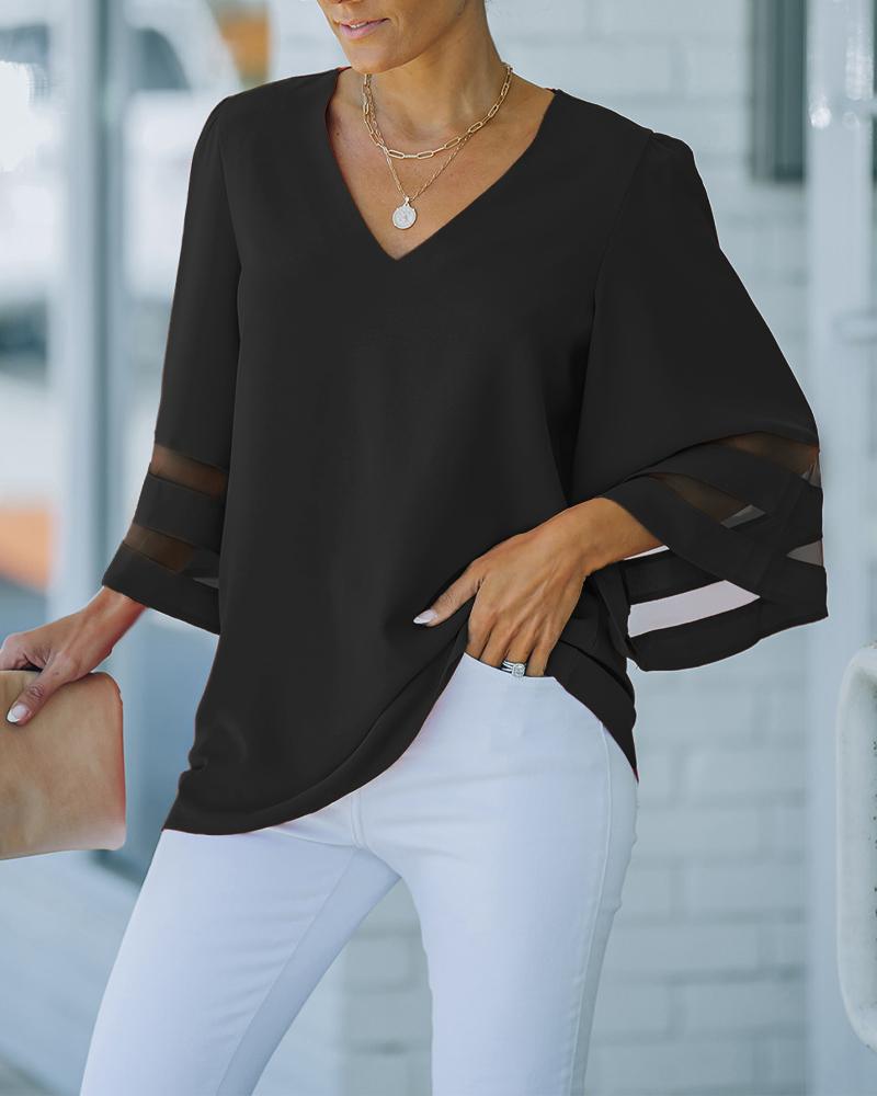 Contrast Mesh Bell Sleeve Top