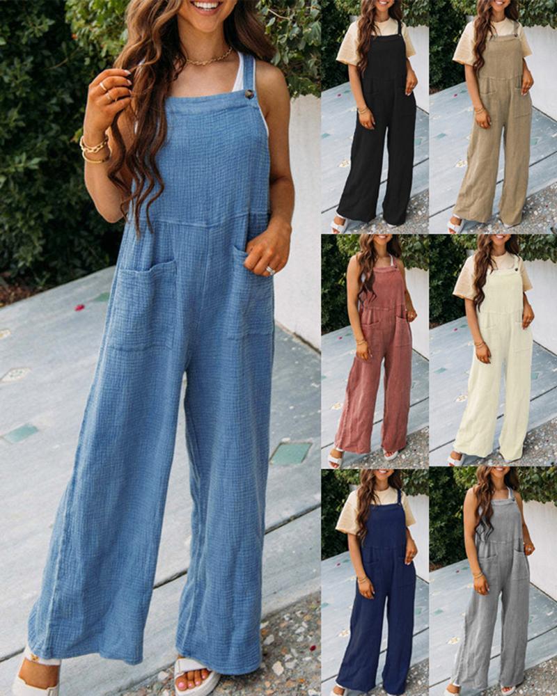 Wide Leg Pocket Design Suspender Jumpsuit