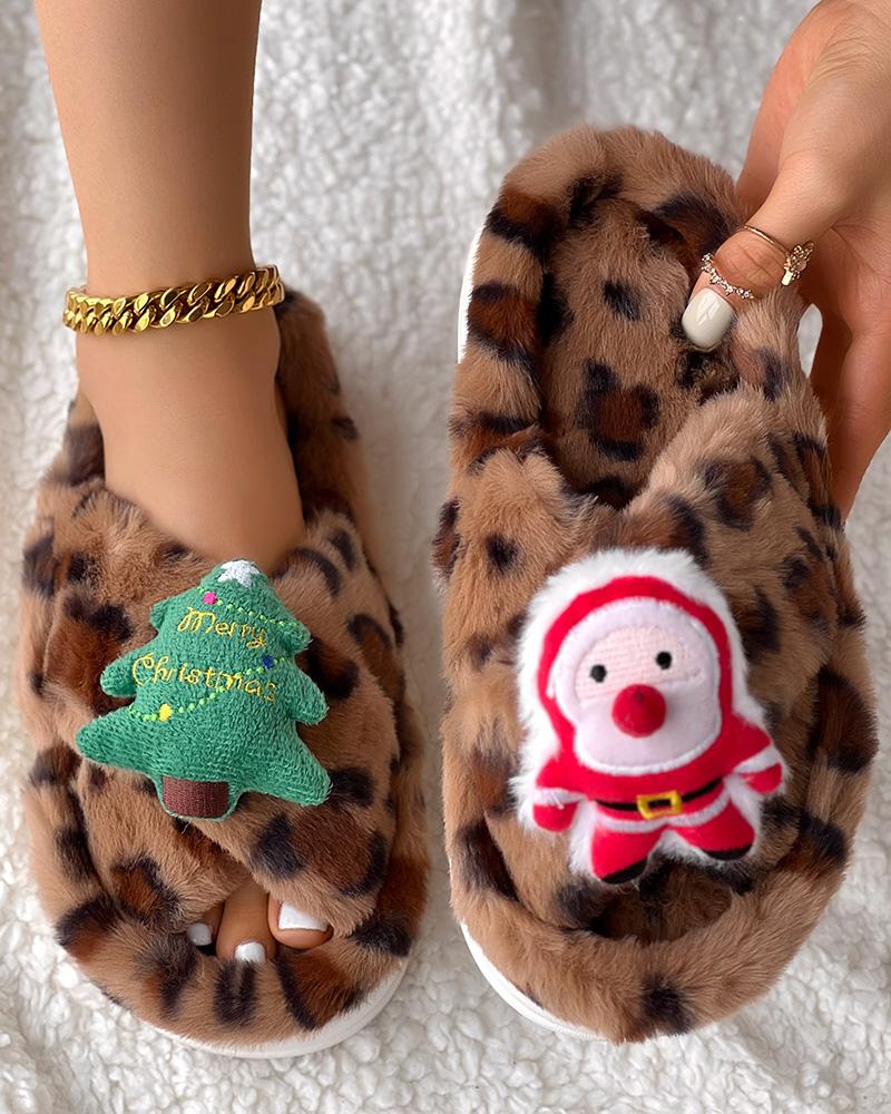 Christmas Cartoon Leopard Cross Strap Fuzzy Winter Slippers