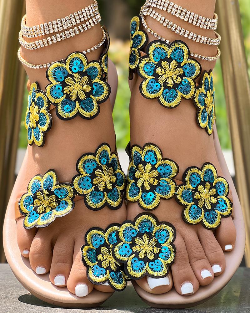 Flats-Sandals  ChicMe Floral Pattern Toe Ring Beach Sandals